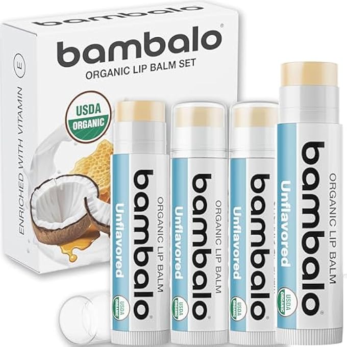 Bambalo USDA ORGANIC LIP BALM UNFLAVORED 4-PACK BY  BEESWAX, COCONUT OIL, VITAMIN E  GENTLE LIP REPAIR CHAPSTICK FOR DRY LIPS  MOISTURIZING CARE FOR MEN AND WOMEN - Image 1